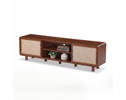 SensaHome Japandi TV-meubel – Lowboard met Rotan Schuifdeuren en Open Middenvak – 178x35x50 cm – Walnoot