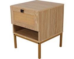 SensaHome - Nachtkastje Japandi 4 Poten - Antiek met Rotan Bovenkant - 40x40x50cm- 8.7 kg - Hout