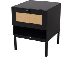 SensaHome - Nachtkastje Japandi 4 Poten - Antiek met Rotan Bovenkant - 40x40x50cm- 8.7 kg - Zwart