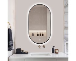 SensaHome - Ovale Badkamerspiegel - Zwarte Frame - met Dimbare LED Verlichting -Dimbaar - Wandspiegel - 50x90CM