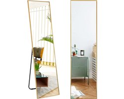SensaHome Passpiegel - Minimalistische Design Wandspiegel - Staande Rechthoekige Spiegel met Metalen Rand - Hangend - Goud - 156x39 CM