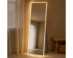 Sensahome Staande Spiegel Met Led Verlichting - Naadloos - Passpiegel - Hangend - Spiegel Zonder Lijst - Dimbaar - 50x160cm