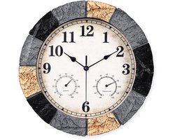 SensaHome Wandklok YS1002 – Waterdichte Steenlook Resin Buitenklok – Ronde Outdoor Klok – Ø33cm – Grijs