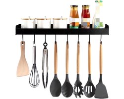 SensaHome Wandrek - Metalen Rek met Hangertjes - Keukenrek - Badkamerrek - Kruidenrek - Industrieel Design - Rechthoek - Zwart