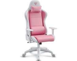SENSE7 Spellcaster FUKU PU Ergonomische bureaustoel, Gamingstoel, nek- en lendenkussen, In hoogte verstelbaar, Stof + eco-leer, Duurzaam en comfortabel, Maximale belasting 150 kg, Tot 185 cm lang, Witte en roze kleur