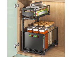 Sensova 2-laagse uittrekbare kast organizer voor onder de gootsteen met verstelbare hoogte, volledig uitschuifbare lades en hoog draagvermogen van koolstofstaal, ruimtebesparend opbergrek voor keuken, badkamer, bijkeuken, kantoor en voorraadkast