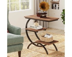 Sensova C-vormige Bijzettafel – Industriële 3-laags Side Table voor Bank – Smalle Snacktafel / Laptoptafel met Opbergplanken – Bedtafel bruin- Metaal & Hout