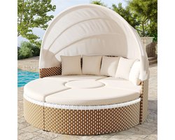 Sensova - Tuin Loungeset Rond Met Zonnescherm - Polyrotan Sun Island Loungeset Met Tafel En Kussens - Luxe Ronde Tuinbank Met Verstelbare Luifel Voor Balkon, Terras En Tuin - Weerbestendig En Comfortabel Design