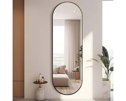 SERALUXE Ovale Wandspiegel -160x50cm Zwart - Ovaal Passpiegel - Ovale Spiegel - Moderne Spiegel - Wandspiegel Met Haken - Kleedkamer - Hal - Slaapkamerspiegel -Badkamer - Luxe - Metaal - Oval Hangspiegel - Interieur - Woondecoratie - Veiligheidsglas