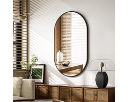 SERALUXE Ovale Wandspiegel - 90x60cm Zwart - Ovale Spiegel - Moderne Spiegel - Wandspiegel Met Haken - Kleedkamer - Hal - Slaapkamerspiegel -Badkamer - Luxe - Metaal - Oval Hangspiegel - Interieur - Woondecoratie - Veiligheidsglas