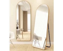 SERALUXE Passpiegel - 160x50cm Goud - Arch Spiegel - Gebogen - Aluminium Frame HD Mirror - Staande Spiegel - Afgeronde Rand - Ovale Randen - Vrijstaande Spiegel - Hangspiegel Met Haken - Kleedkamer Spiegel - Wandspiegel - Veiligheidsglas