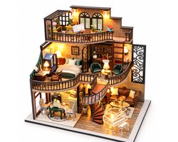 Sercano Miniatuurhuisje Dream Villa – DIY Bouwpakket Volwassenen 14+ – 3 Verdiepingen met LED Verlichting – Houten Modelbouw Poppenhuis met Meubels