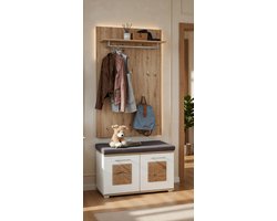 Serena Artisan Luxe 2-Delige kledingkastset met bank en wandpaneel in Eiken & Wit Hoogglans - Modern Halmeubel met Opbergruimte | Casa Serena