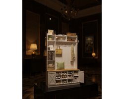 Serena Luxe Hal Kapstok met Zitbank en LED – Garderobekast met 15 Vakken, 7 haken, verstelbare planken en Schoenenrek – 120 x 191 cm – Wit/Geel - Casa Serena