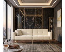 Serena Luxe Slaapbank met Bedfunctie – Verstelbare Hoekbank 2-Zits – Beige Teddystof – Gouden Poten – Met Kussens & Zij Opbergvakken - Casa Serena
