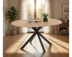 Serenaia Ronde Uitschuifbare Eettafel 110-150 cm - Industriële Eikenlook met Zwart Metalen Spinzwembad voor 4-8 Personen Casa Serena