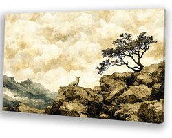 Serene berg met eenzame boom - Natuur canvas schilderijen - Schilderijen berg - Japandi - Woonkamer decoratie industrieel - Wanddecoratie - canvas 150x100 cm