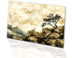 Serene berg met eenzame boom - Natuur glas schilderij - Wanddecoratie berg - Japandi - Schilderij op plexiglas - Kunstwerken schilderij - acrylglas 120x80 cm