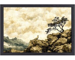 Serene berg met eenzame boom - Natuur schilderij op canvas - Wanddecoratie canvas berg - Japandi - Ingelijste canvas kunst - Landelijke schilderijen - canvas met baklijst 90x60 cm