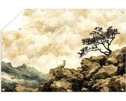 Serene berg met eenzame boom - Natuur tuinposter - Poster van buiten berg - Japandi - Tuinposters - Tuinposters decoratie - tuinposter 105x70 cm