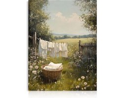 Serene Farmhouse Wasmand Muurdecoratie, Idylle Bloemenveld & Rustieke Landelijke Canvasprints voor Waskamer, Slaapkamer en Woonkamer 30x40cm Ongelijst