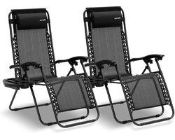 SereneLife Ligstoel set van 2 – Verstelbare Buitenkamerstoel met Afneembaar Bekerhouderblad – Inklapbare Relaxstoel met Verwijderbare Kussens