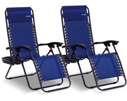 SereneLife Ligstoel set van 2 – Verstelbare Buitenkamerstoel met Afneembaar Bekerhouderblad – Inklapbare Relaxstoel met Verwijderbare Kussens