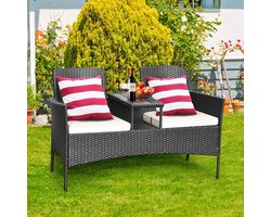 Serenity Duo Loungebank – Luxe 2-Zits Tuinbank met Geïntegreerde Glazen Tafel en Comfortabele Kussens – Weerbestendig Polyrattan – 138 x 61 x 85 cm