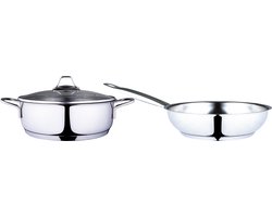 Serenk - Modernist Luxe Pannenset - Kookpottenset RVS - Serveerpan - Braadpan - Koekenpan - Stoofpan met Deksel - Geschikt voor Inductie - 2-delig - Zilver