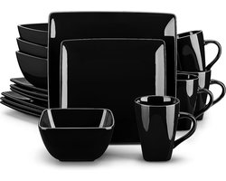 serie SOHO, porseleinen vierkante dinerset, zwart, 16 stuks, keukenservies, eetservies, keramische serviesset met dinerborden, dessertborden, kommen en mokken, servies voor 4