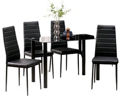 Serolux® - Eettafel 5-delige set - Keukentafel met 4 stoelen - 4 personen - Rechthoekige eetkamertafel - Glas - Kunstleer - 120 x 60 x 75 cm - Zwart