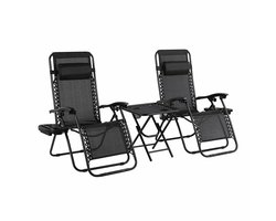Serolux® - Tuinstoelen verstelbaar - Tuinstoelen stapelbaar - Tuinstoelen aluminium - Tuin - Ligstoelen Met Bekerhouder, Hoofdkussen en Tuintafel - 110 x 64 x 90 cm - Zwart