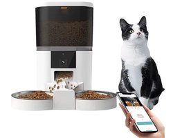 Serolux® - Voerbak Kat & hond - Voerbak hond met standaard - 4 Liter - 2.4G WiFi, HD 2MP Camera, Nachtzicht en Bewegingsdetectie - Voerbak kat automatisch - Dubbele kommen - Alarmfunctie bij voedseltekort - Ingebouwde droogmiddelbox - Wit