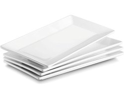 Serveerbord porselein, 24,6 x 13,7 cm serveerborden, rechthoekig, 4 stuks, grote witte dessertborden voor buffetten, sushi, taarten, hapjes thuis/in het restaurant