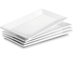 Serveerbord porselein, 24,6 x 13,7 cm serveerborden, rechthoekig, 4 stuks, grote witte dessertborden voor buffetten, sushi, taarten, hapjes thuis/in het restaurant