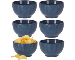 Serveer/chips schaaltje Fishbone - 6x - blauw - 14 x 8 cm - keramiek - kommetjes - 680 ml