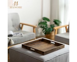 Serveerdienblad: decoratieve houten dienbladen met handgrepen voor salontafel - vintage bruine houten schotel extra groot formaat - woonkamer decor display - 50 cm breed.