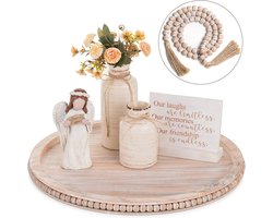 Serveerdienblad groot decoratief dienblad: vintage houten dienblad rond roze wit gewassen met houten kralen slinger rustiek hout decoratief dienblad 45 cm kaarsenplateau voor thuis voetenbank woonkamer