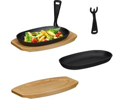 serveerpan - set van 2 - gietijzer - met houten onderzetter - bbq