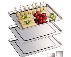 serveerschaal - 3 stuks - rvs - vaatwasbestendig - 33x26,5 cm - zilver