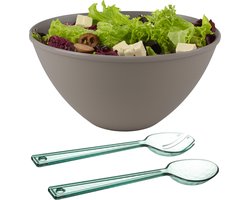 Serveerschaal/slakom - beige - kunststof - 5 liter - met sla bestek/couvert