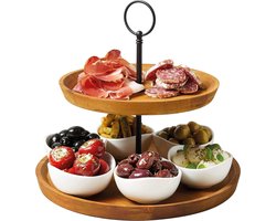 Serveerstandaard van hout voor tapas - 2 verdiepingen - 6 handgemaakte mini porseleinen schalen - voorgerechten gebak hapjes - geschenkdoos - bruin zwart