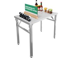 Serveertafel van roestvrij staal 100x60x85 cm, opklapbare keukentafel met blad, draagvermogen tot 300 kg en verstelbare poten, roestvrijstalen tafel voor voedselbereiding, catering en restaurants NAIZY