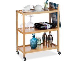serveerwagen bamboe - 3 laags - wieltjes - met handgreep - 76x58x30 cm