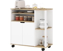 Serveerwagen – Keukentrolley – Keukenwagen – Serveerkar – Roltafel – Verstelbare Planken – 80x40x82 cm – Naturel Hout & Wit