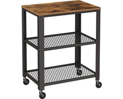 serveerwagen, keukentrolley, trolley, keukenplank op 4 wielen, stalen frame, 3 planken, voor keuken en woonkamer, industrieel design, vintage bruinzwart