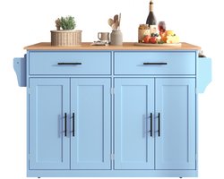 Serveerwagen met opklapbaar tafelblad, 120x46(70)x91 cm, blauw, met wielen en verwisselbare houten poten, ideaal voor keuken en eetkamer