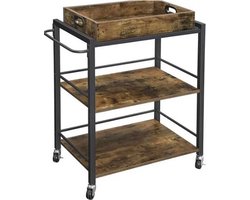 Serveerwagen op wieltjes - Industrieel - Serveerkar - Bar cart - Drank trolley - 3 plateaus bladen - 65x40x86cm