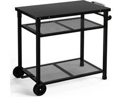 serveerwagen van metaal, 3 etages, grill-eetwagen, keukenwagen met papieren handdoekhouder en haken, outdoor serveerwagen, bijzettafel (zwart)