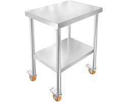 Serveerwagen van roestvrij staal, roltafel 61x60x85cm, keukenwerktafel met werkblad, draagvermogen tot 300 kg, opbergplank en 4 wielen, roestvrijstalen tafel voor voedselbereiding, catering, restaurants NAIZY